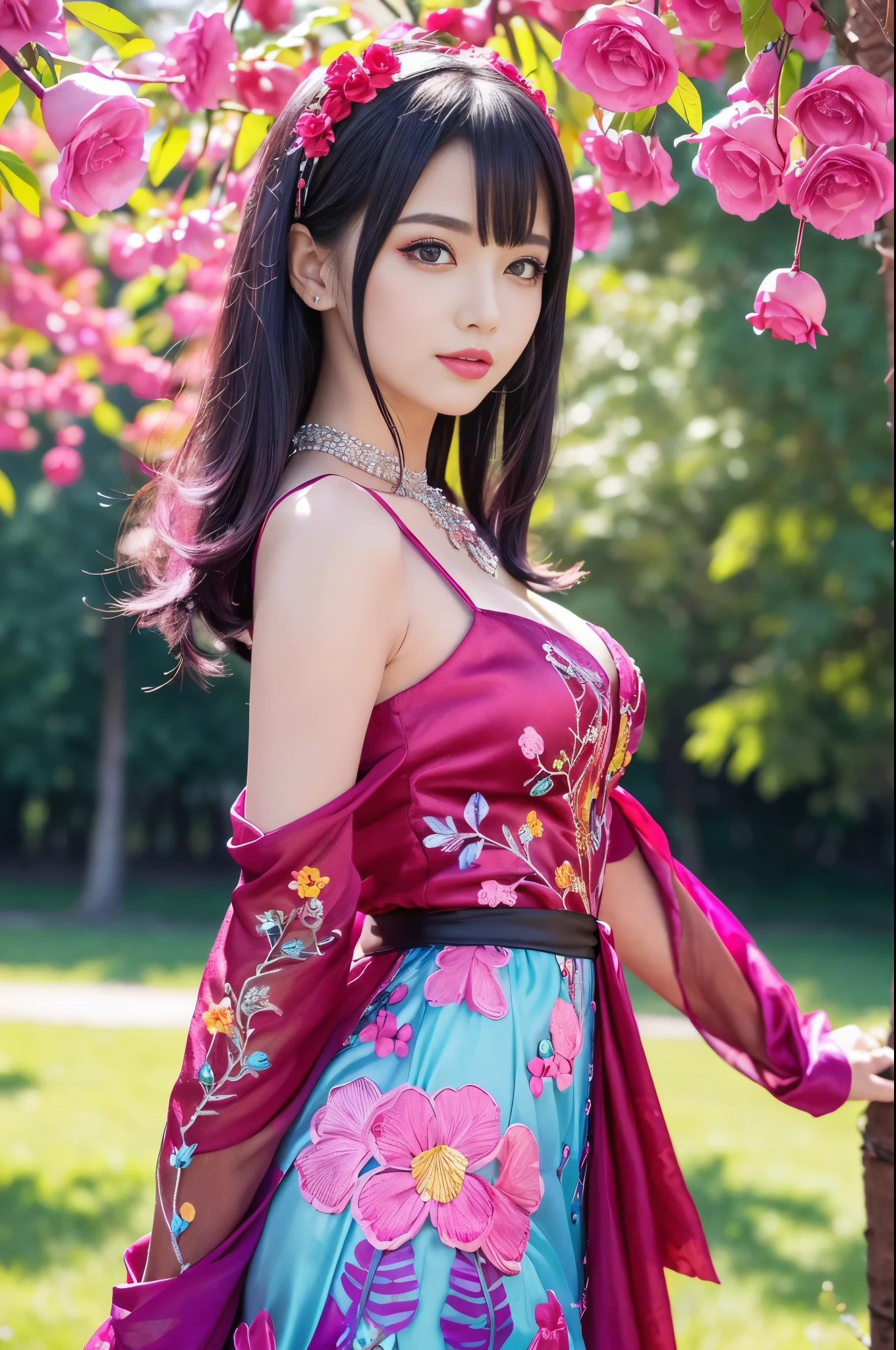 (masterpiece:1.4), (best quality:1.4), ultra high res, ultra high resolution, ((detailed facial features)), HDR, (realistic, photorealistic, photo-realistic:1.37), full body Esbian, sexy swedish model, (-anime), only 1 model, vivid colors, ((vivid colors colorful (pink, lime, light blue) very short hair)), sexy smile, lipgloss, long lashes, defined eyebrows, wearing large sparkling colorful jewelery, wearing a red silk Paradise Kiss cosplay dress with black floral embroidery, ((vivid colors outfit)), vivid colors, look at the camera, cinematic light, large park background with trees, sweet and sexy pose