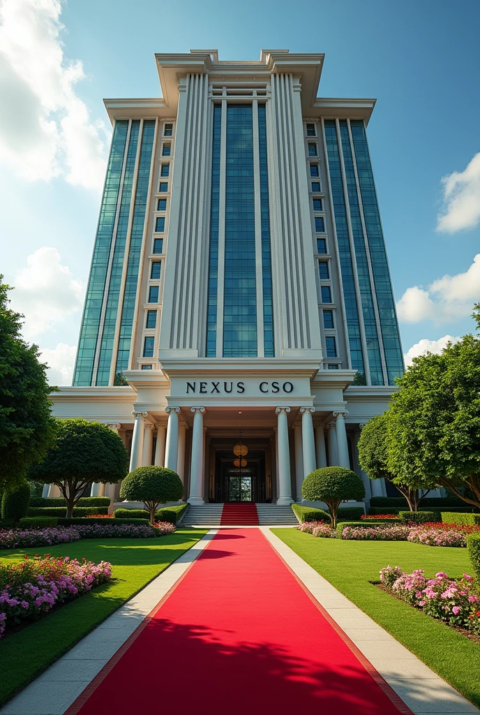 A luxurious, presidential standard company headquarters with the name NEXUS(CSO) on it and red carpet on entrance with Singaporean architecture,grass, flowers and on it's own space and compound where is the name NEXUS (CSO) can't see the words