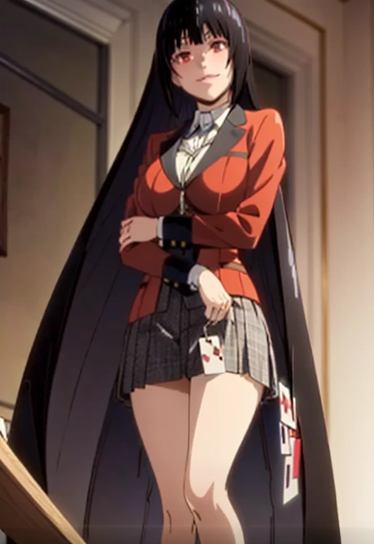 Yumeko Jabami from the anime Kakegurui, red eyes, evil smile, detailed school uniform with red coat, white shirt, gray plaid skirt, black tights and brown shoes, immersive playing cards, photorealistic, highly detailed, 8k, intricate, vibrant colors , dramatic lighting, sound composition