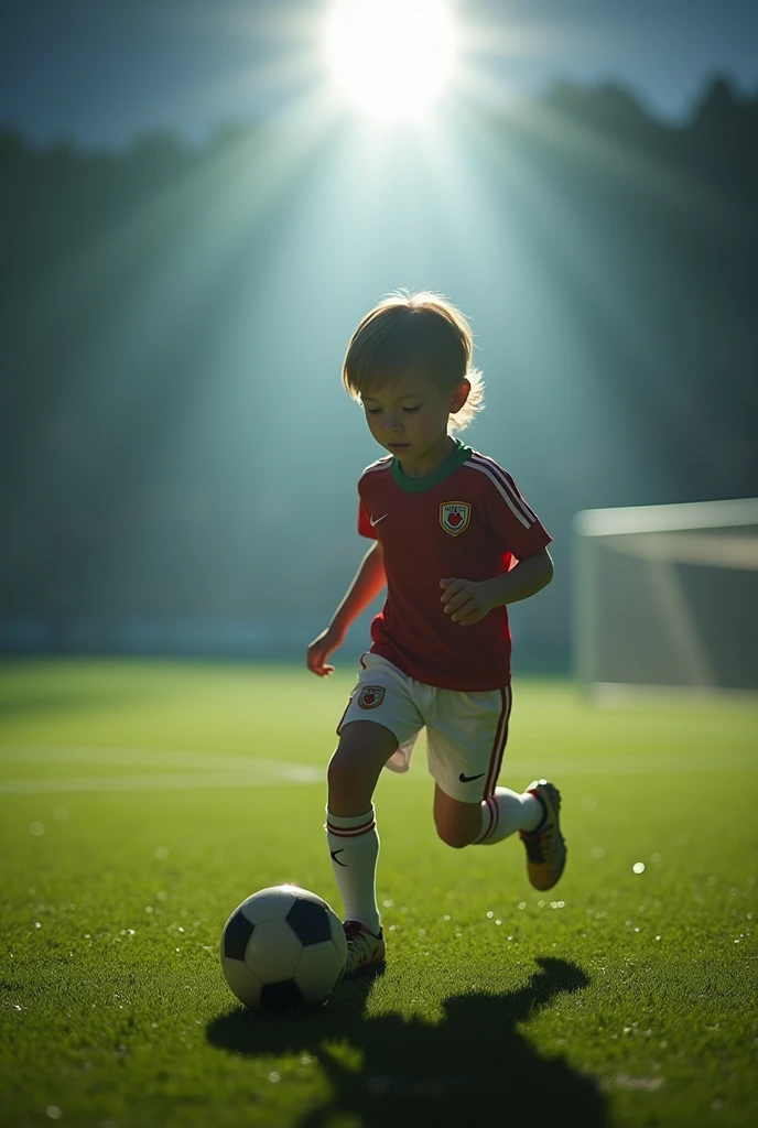 present an image of a on the soccer field with a light shining on him