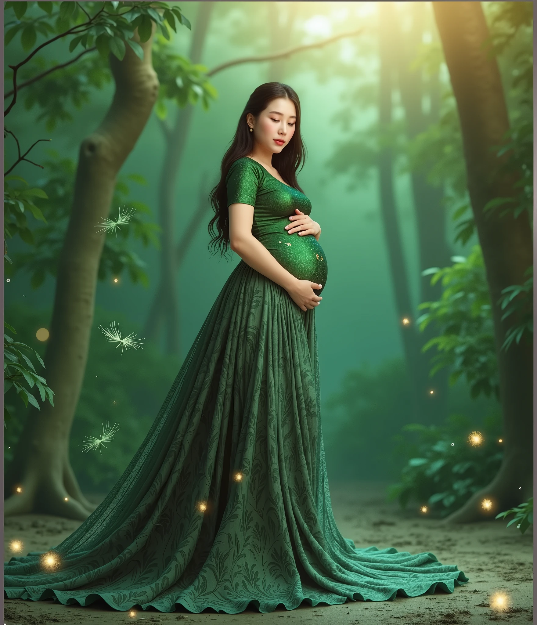 pregnant woman in peacock dress posing for a picture in a green background, a picture inspired by Ju Lian, trending on cg society, art photography, maternal photography 4 k, full body photoshoot, full body portrait shot, pregnant belly, full body pose, full body photograph, in green forest, green feathers, nature goddess, full body portrait posing, fantasy photoshoot