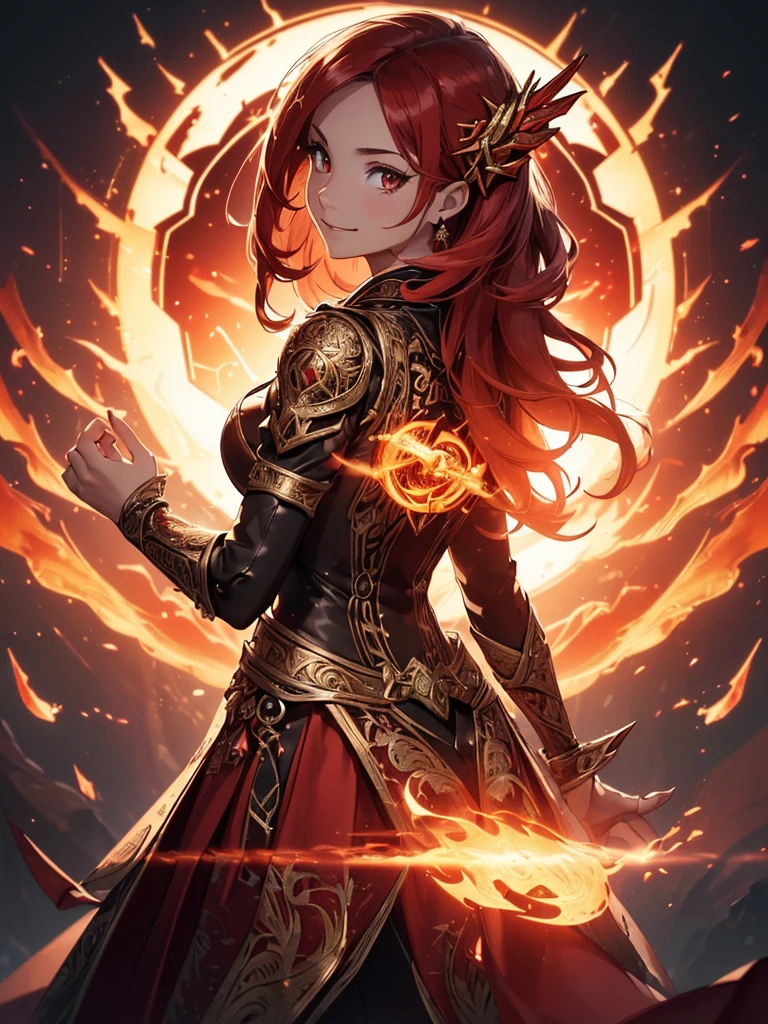 (((best quality, sharp image, clear image, cinematic lighting, 8k resolution, masterpiece, ultra detailed, intricate))) Girl, sorcerer, cute, intricate dress, smiling, fiery red, ((intricate background)), (rune frame), dimension, ((shot from behind)), fire sigils, chaotic background.