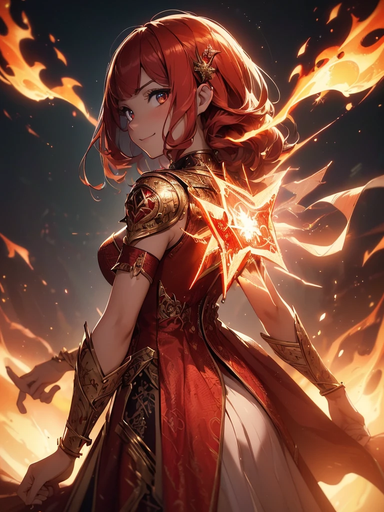 (((best quality, sharp image, clear image, cinematic lighting, 8k resolution, masterpiece, ultra detailed, intricate))) Girl, sorcerer, cute, intricate dress, smiling, fiery red, ((intricate background)), (rune frame), dimension, ((shot from behind)), fire sigils, chaotic background.