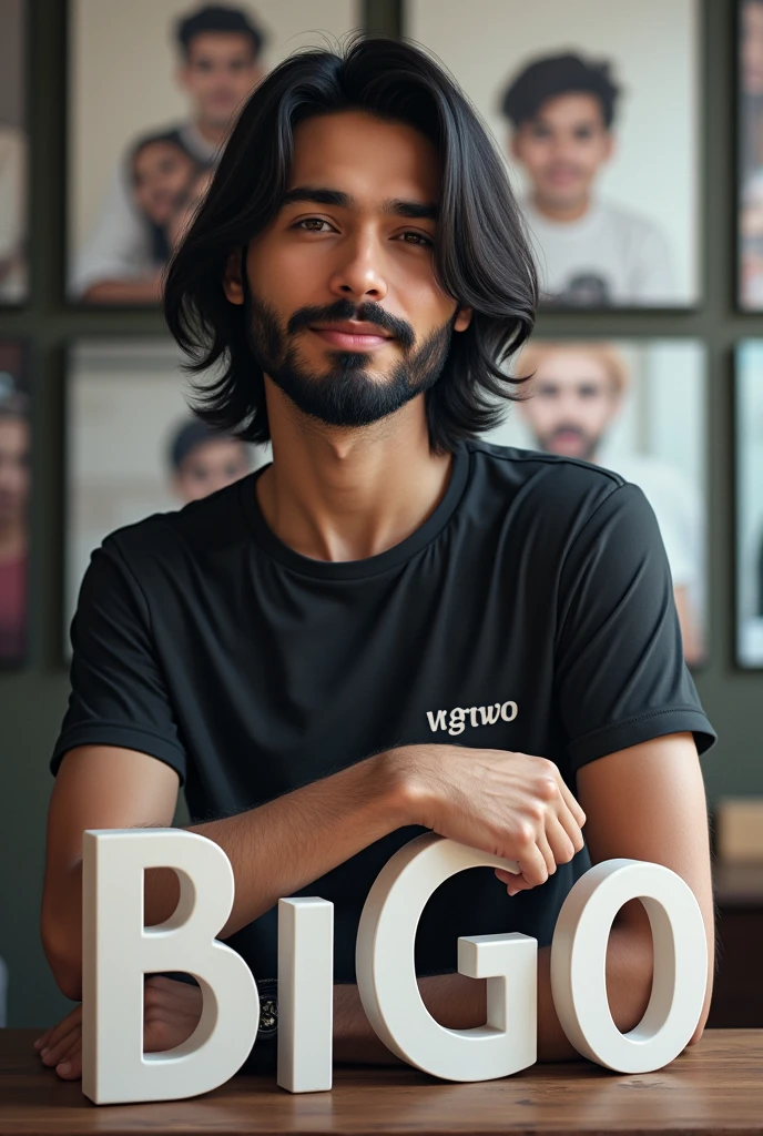 A handsome boy with long hair and a beard is sitting on the Bigo application logo., casually on top of the logo, the character must wear a black and white t-shirt with the name wawan fhgh on it, and the background uses his own bigo application profile named wawan fhgh