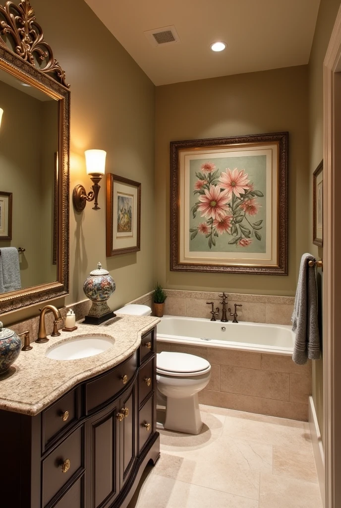 Generate an image of a bathroom enhanced by decorative artwork that complements the color scheme. Include framed prints or paintings, mirrors with decorative frames, and sculptures or ceramic pieces on countertops or shelves. The design should be sophisticated, with artwork that withstands moisture and humidity