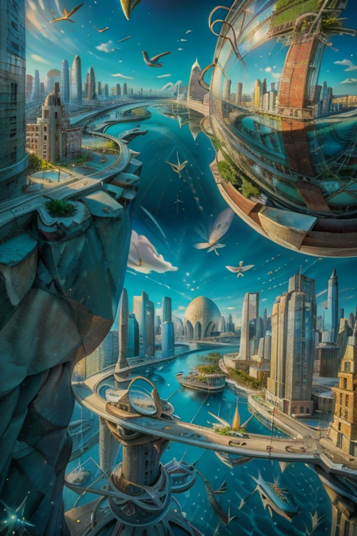  ( Surrealism ) a Surreal scene involving an upside down floating 1900's city in the sky and a 1960's city under the sea, non euclidean geometry, and abstract scene with illusions , confusing chaos, ethereal and divine, photorealistic, 8k, hyper detailed, dramatic lighting, vibrant colors, surreal and abstract, blue sky is the sea and the blue sea is the sky.