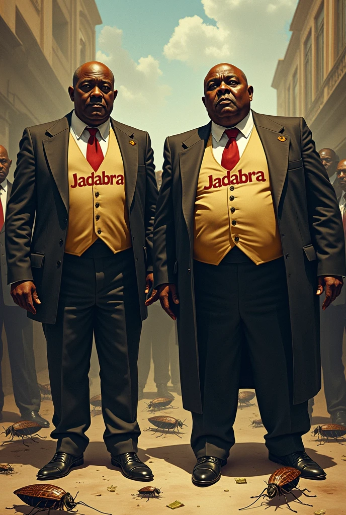 Create a powerful illustration depicting the disparity between greedy African leaders and suffering citizens. The leaders, portrayed as wealthy, pot-bellied figures in expensive suits labeled 'Jadabra Pest Control,' should stand tall, exuding arrogance. The suffering citizens are represented as cockroaches on the floor, in despair, under the oppressive presence of the leaders. The background should emphasize the vast gap between the two groups, highlighting the injustice and imbalance in society. The image should be realistic. Show the word "JADABRA" clearly on their suits