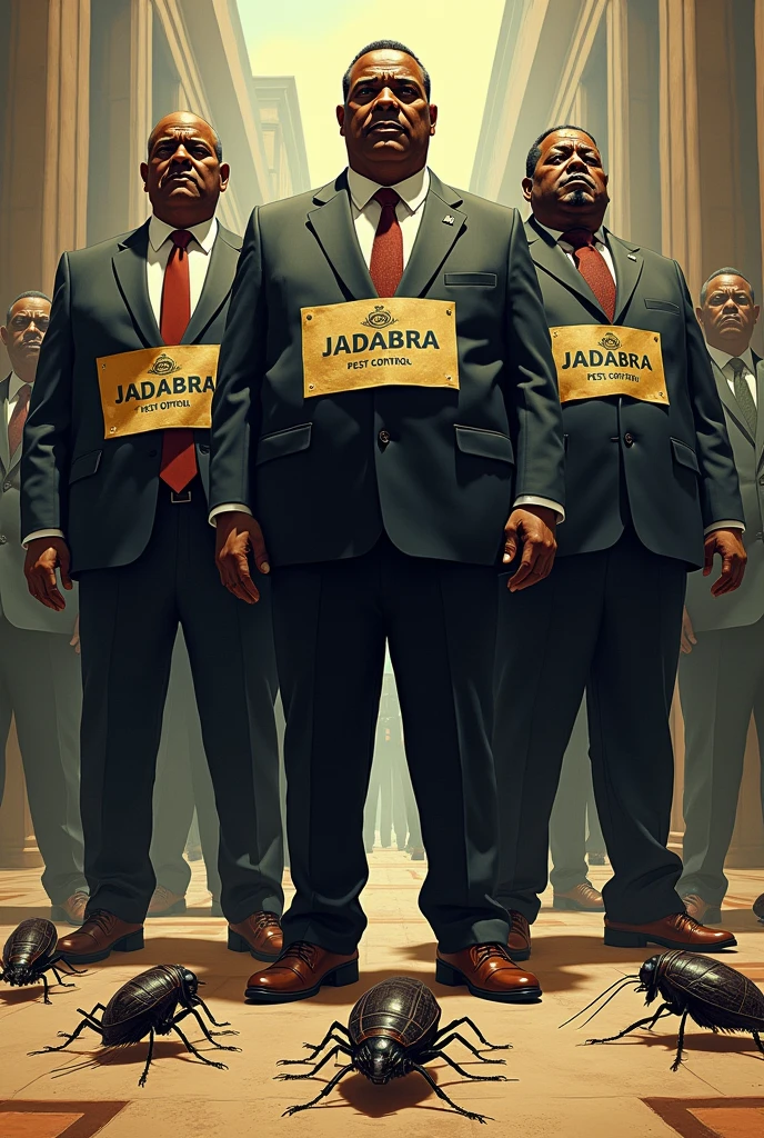 Create a powerful illustration depicting the disparity between greedy African leaders and suffering citizens. The leaders, portrayed as wealthy, pot-bellied figures in expensive suits labeled 'Jadabra Pest Control,' should stand tall, exuding arrogance. The suffering citizens are represented as cockroaches on the floor, in despair, under the oppressive presence of the leaders. The background should emphasize the vast gap between the two groups, highlighting the injustice and imbalance in society. The image should be realistic. Show the word "JADABRA" clearly on their suits