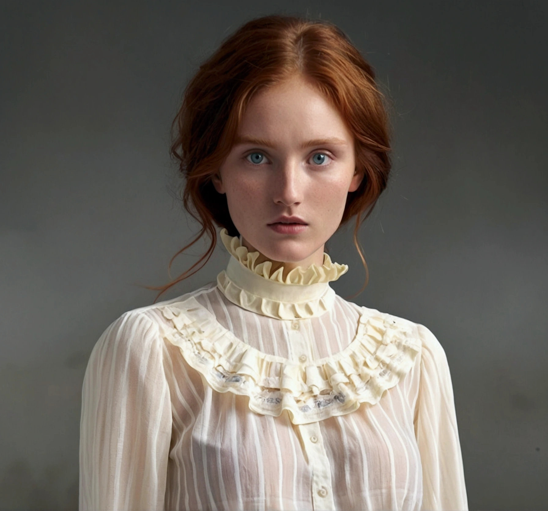 A redhead woman possing to the camera, she wear a vintage shirt transparent that leave see under her nipples, black and white, photography, (best quality,4k,8k,highres,masterpiece:1.2),ultra-detailed,(realistic,photorealistic,photo-realistic:1.37),HDR,UHD,studio lighting,extremely detailed eyes and face,beautiful detailed lips,longeyelashes,elegant pose,natural lighting