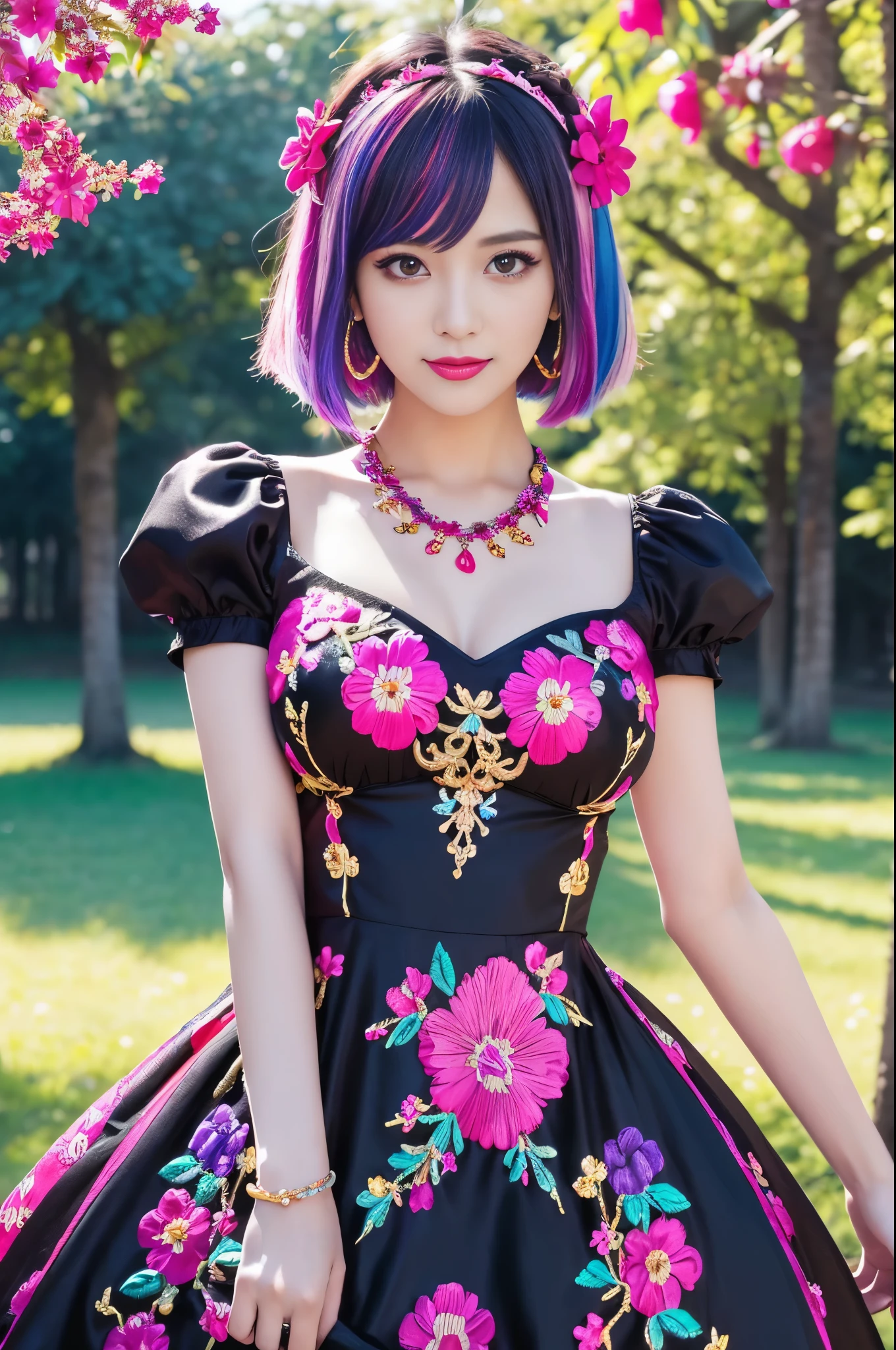(masterpiece:1.4), (best quality:1.4), ultra high res, ultra high resolution, ((detailed facial features)), HDR, (realistic, photorealistic, photo-realistic:1.37), full body Esbian, sexy japanese model, (-anime), vivid colors, ((vivid colors multicolor (red, fuchsia) very short hair)), (happy smile), lip-gloss, long lashes, ultra detailed metallic makeup, defined eyebrows, wearing large sparkling colorful jewelery, wearing a red silk Paradise Kiss cosplay dress with black floral embroidery, ((vivid colors outfit)), vivid colors, look at the camera, cinematic light, large park background with trees, sweet and sexy pose