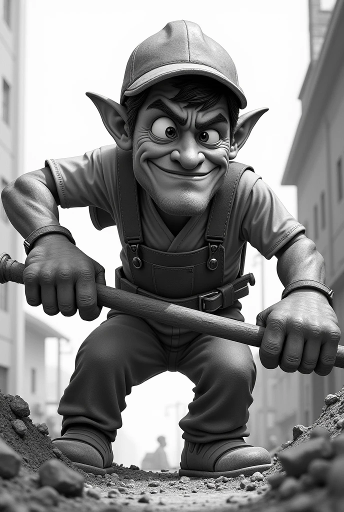 Work in the construction of human dignity, exaggerated cartoon, Close-up camera, black andwhite, exaggerated features, (Pixar-style)
