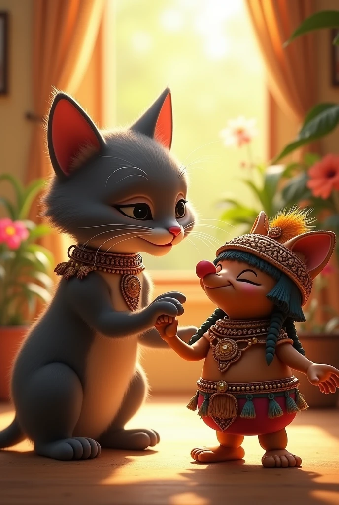 A cat and an Inca playing happily