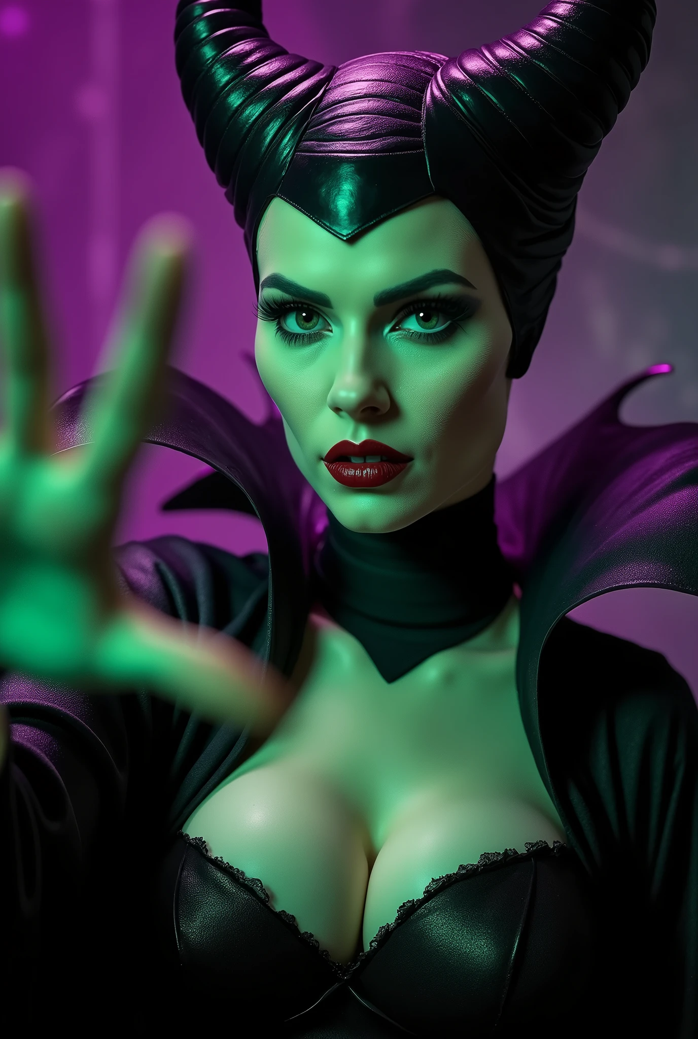 A stunning closeup portrait of Maleficent, she is extending a sexual invitation, she is fertile and wants to breed, location is dungeon interior, purple and green light, breasts, powerful, pale eyes