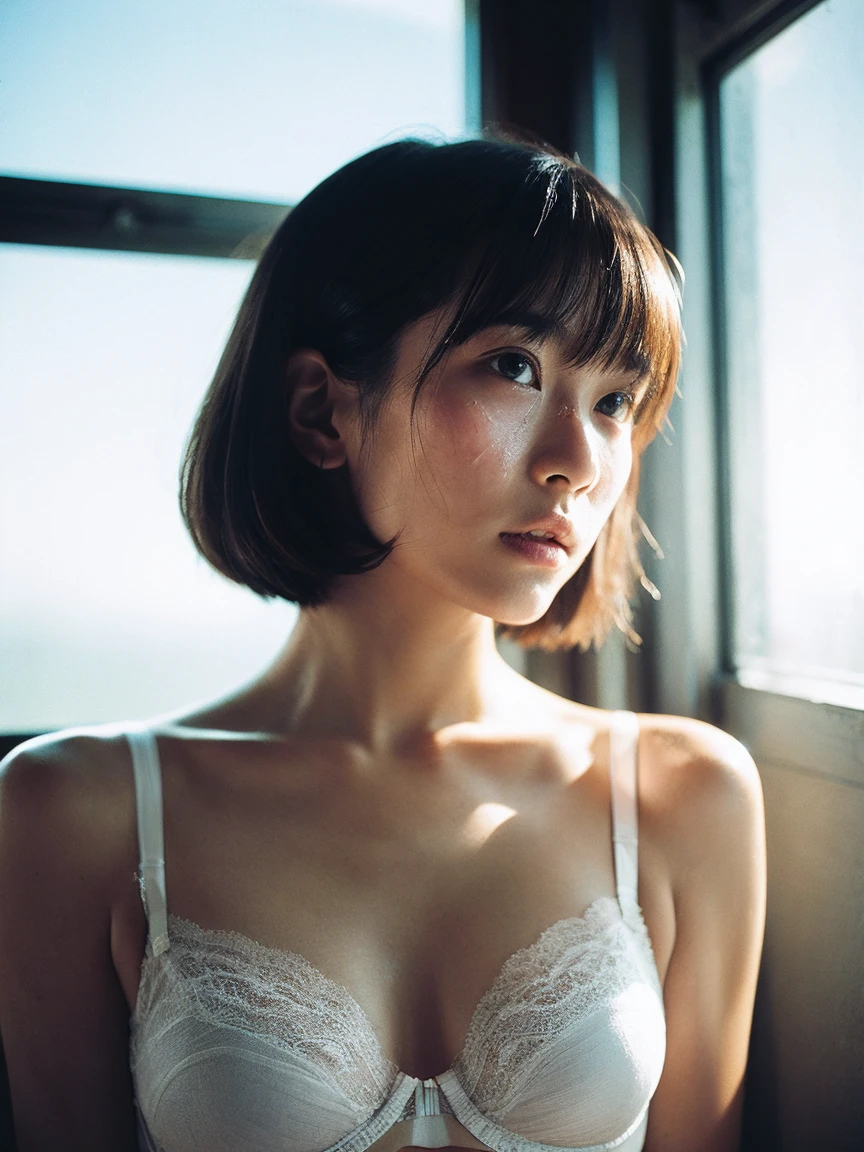 Japanese women, White bra、Sweaty shiny skin、Young Face, Bob Cut Hair, morning, window, Incomplete details, Shooting with Leica, analog, 35mm:: (Artistic light leakage:1.4), Lens flare::4 - Style Row - AR 2:3 --s 150 --c 4
