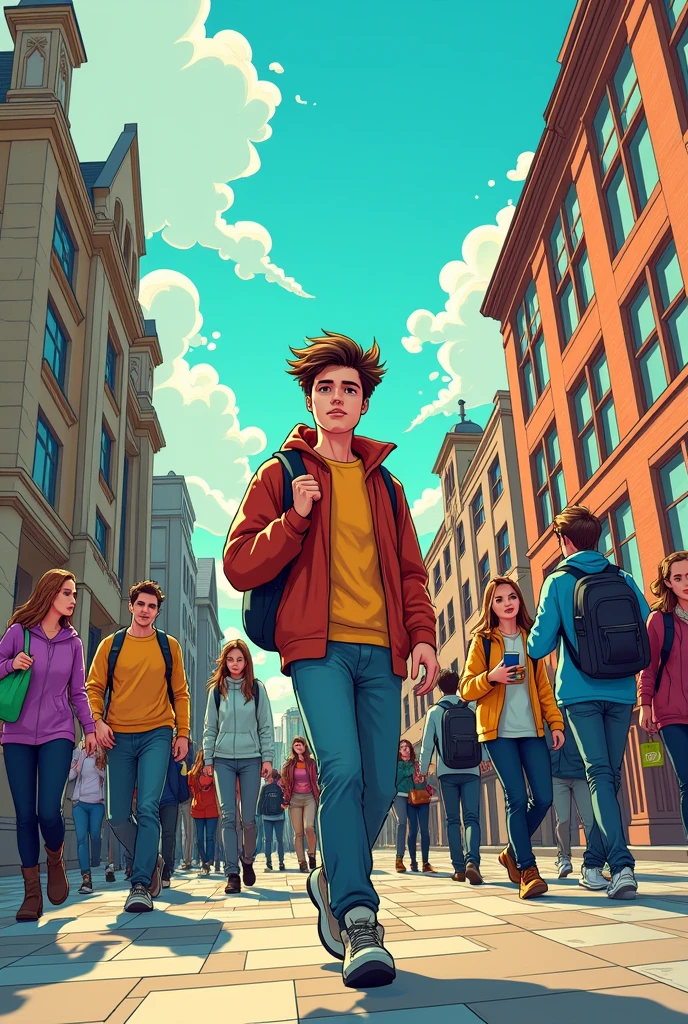 Create a comic of a person at university