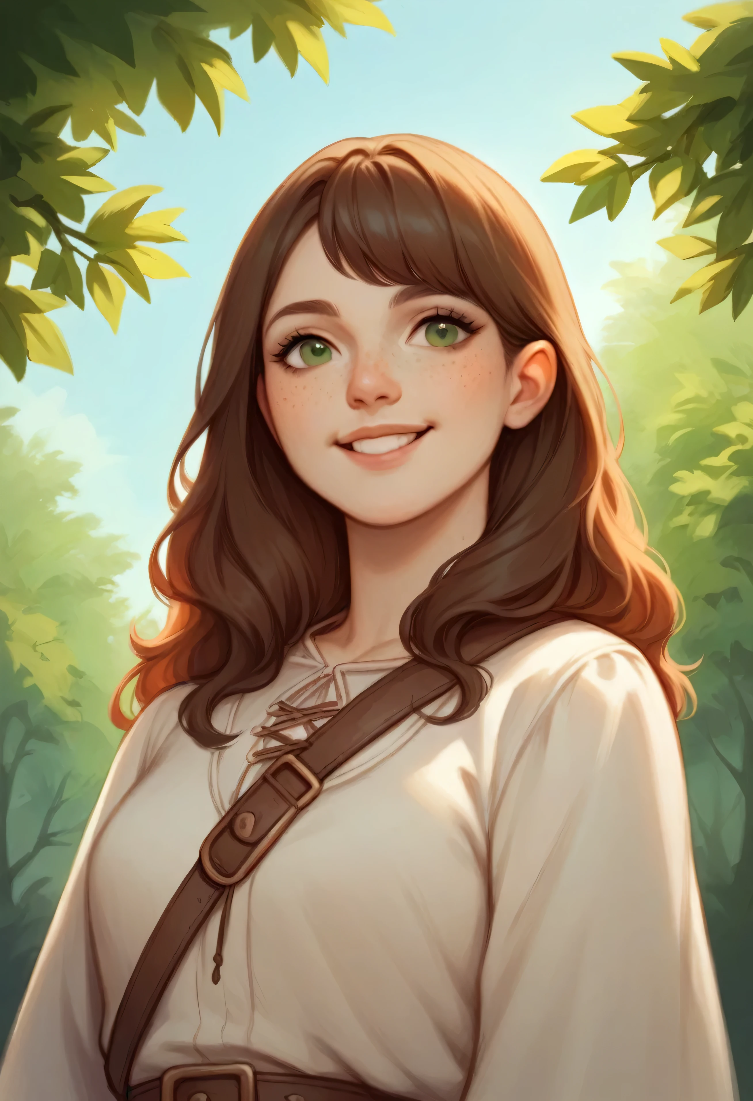 Victoria O'Brian..Illustration of a young brunette herbalist woman with bangs, round face, freckles, round olive green eyes, thin mouth, large nose, average build, wearing village clothes and a small silver medallion, in a low angle view, concentrating on gathering herbs in the forest. Medieval style, heroic fantasy, healer, smiling, cel shading style with more pronounced shadows.