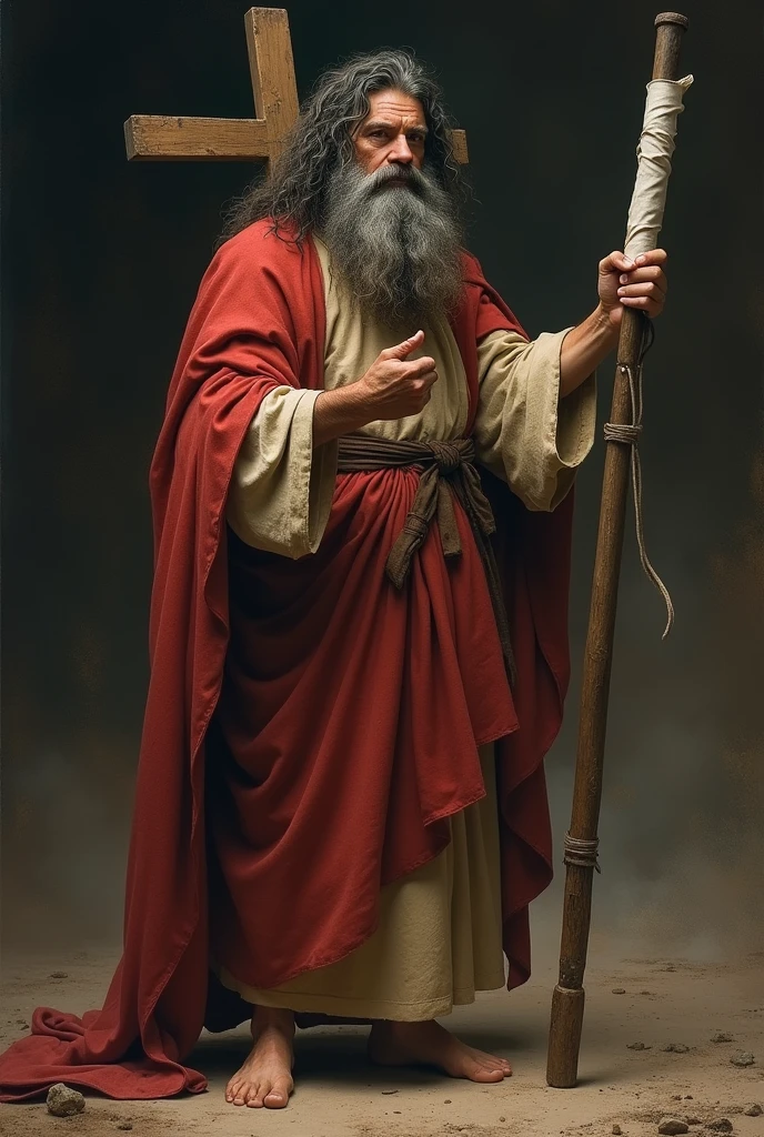 Realistic image of Saint John the Baptist, he has a large, gray and tangled beard, tangled and messy dark hair, he wears a tunic made of lion skin and a red cloak draped over his shoulders, he has bare feet on the dirt floor, a dirty appearance, he has a Looking like a madman, he carries in his left hand a thin cross the size of his body with white paper rolled up and flowing and his right hand is up with the finges pointing to heaven.
