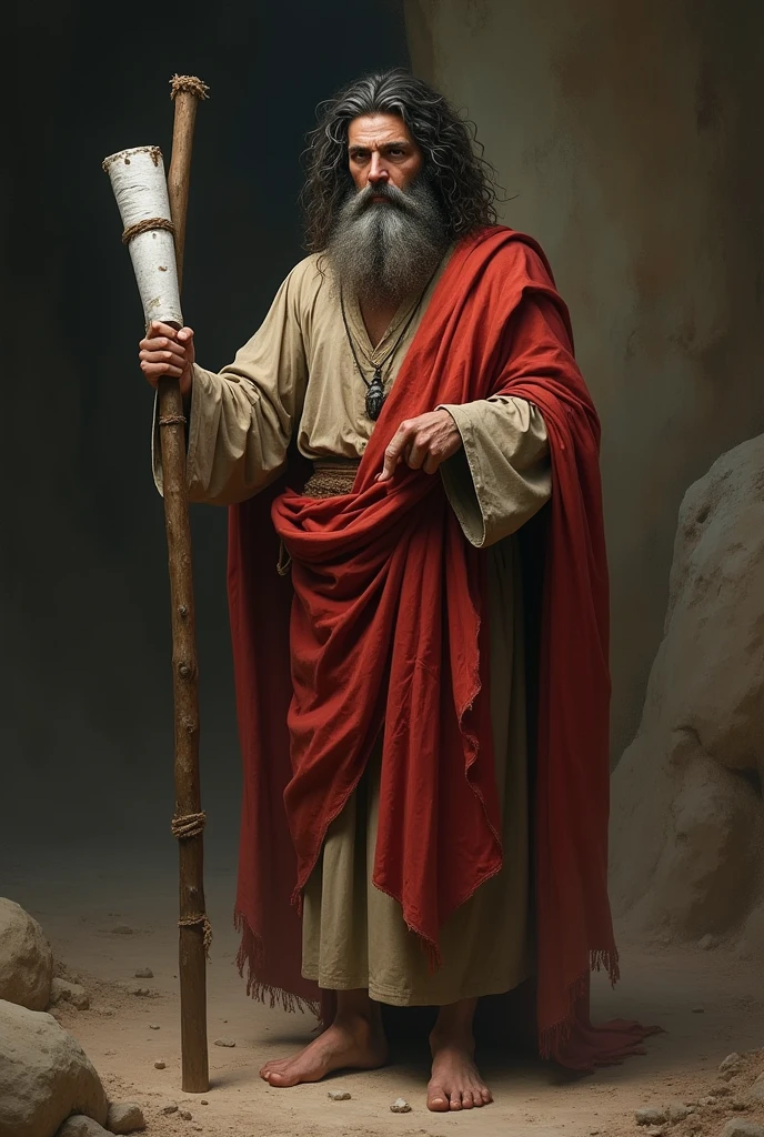 Realistic image of Saint John the Baptist, he has a large, gray and tangled beard, tangled and messy dark hair, he wears a tunic made of lion skin and a red cloak draped over his shoulders, he has bare feet on the dirt floor, a dirty appearance, he has a Looking like a madman, he carries in his left hand a thin cross the size of his body with white paper rolled up and flowing and his right hand is up with the finges pointing to heaven.