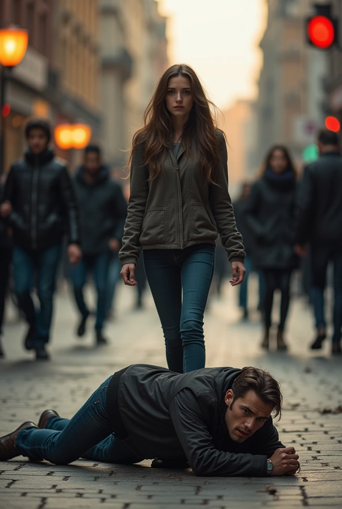 A woman walking among several people but doesn't look at her boyfriend and he stays on the floor crying while she walks away.
