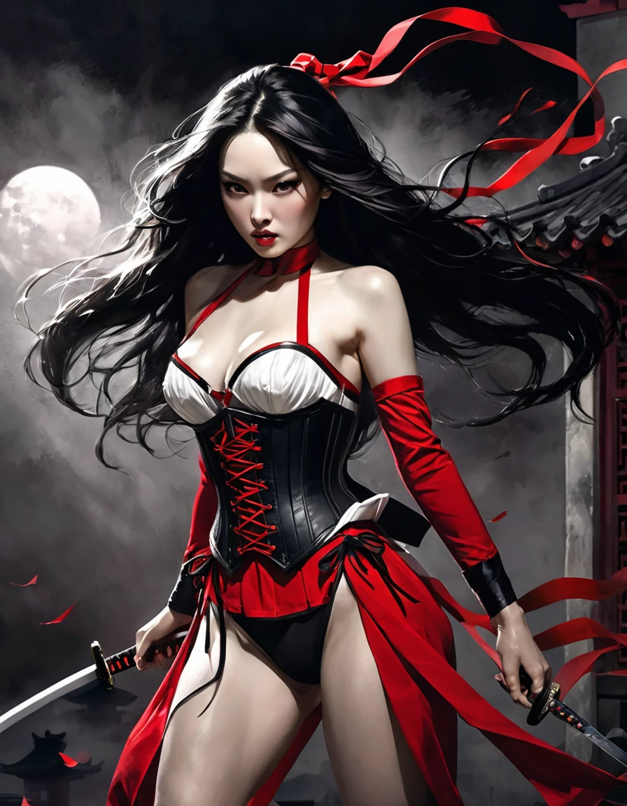 killer elektra, dynamic pose, alone, Incredible photorealistic portrait of a beautiful woman, elektra character (((1woman long black hair, long hair, small breasts))) (((full red suit, corset and panties, red corset, ribbons red fabric flying, fabric ribbons on legs, sexy, dynamic,) )) (((katana in hand)))spectacular Japanese temple background, night, fog, dynamic pose, eroticism, sexy, black and white image, between shadows, oil painting, chiaroscuro, sensual, dramatic lighting, moody atmosphere, photorealistic, intricate details, masterpiece, ultra-detailed, high quality, 8k, best quality, realistic, cinematic, dark and brooding, expressionistic, powerful composition, emotional impact, art inspired by Bill Sienkiewicz and Dave McKean
