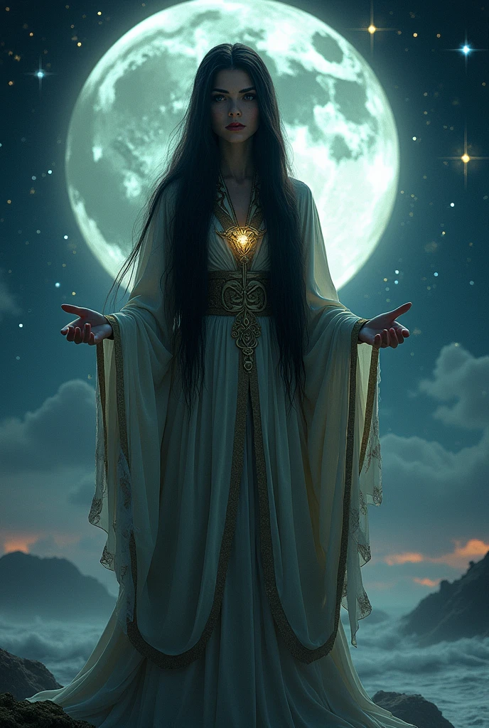 Gipsy with Black and straight hair in moon and stars with tarot