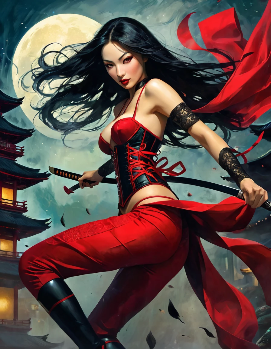 ninja elektra, dynamic pose, alone, Incredible photorealistic portrait of a beautiful woman, elektra character (((1woman long black hair, long hair, small breasts))) (((full red suit, corset and panties, red corset, ribbons red fabric flying, fabric ribbons on legs, sexy, dynamic,) )) (((katana in hand)))spectacular Japanese temple background, night, fog, dynamic pose, (best quality, 4k, 8k, high resolution, masterpiece: 1.2), ultra-detailed, (realistic, photorealistic, photorealistic: 1.37), details intricate, vivid colors, sharp focus, professional, Dave McKean artwork, surrealism oil touch, oil painting style, portrait, woman, beautiful detailed eyes, beautiful detailed lips, dreamy atmosphere, shadow play, lighting soft, fun pose, dark tones, ethereal background, fantasy elements, texture, layered composition.art inspired by Bill Sienkiewicz and Dave McKean