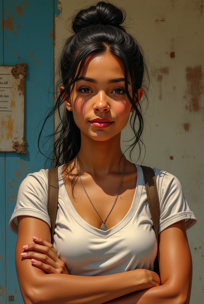 dark skin woman walking in a favela in Brazil, wearing ripped denim shorts showing hair and a ripped shirt showing small breasts and brown nipples ultra realistic image with perfect details of skin and objects without errors in the composition of the image, perfect image looking like a high resolution photograph