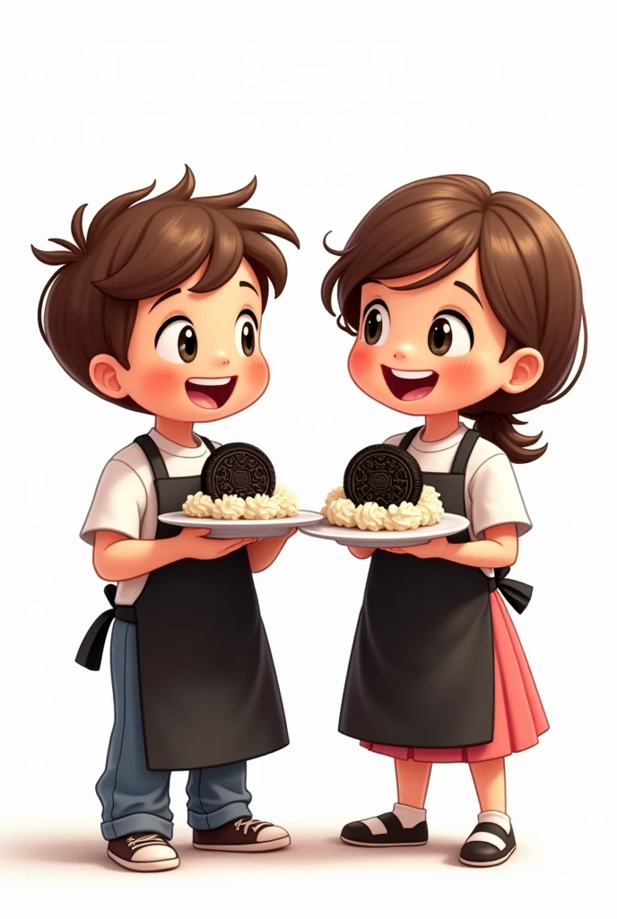 Boy in black apron holding a plate with oreo cream , Girl in black apron holding plate with cream-filled orea cartoon white background