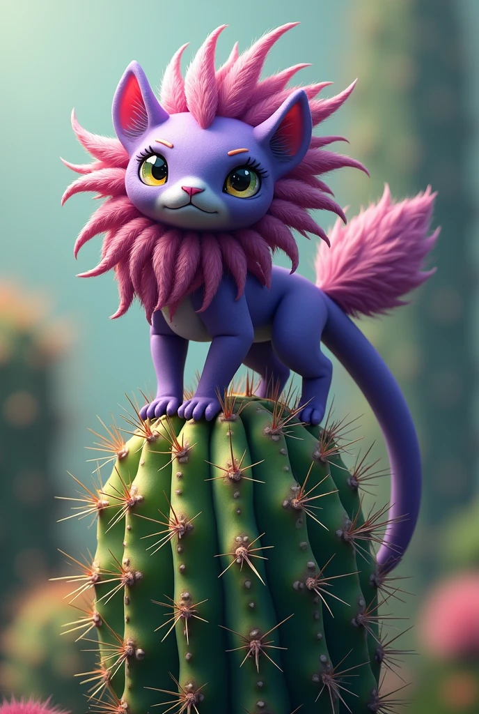 Create a hybrid, where the main body is a purple axolotl, Behind the antennas of the axolotl is a lion's mane and the tail of the axolotl resembles that of a fox., The hybrid will be standing on top of a cactus