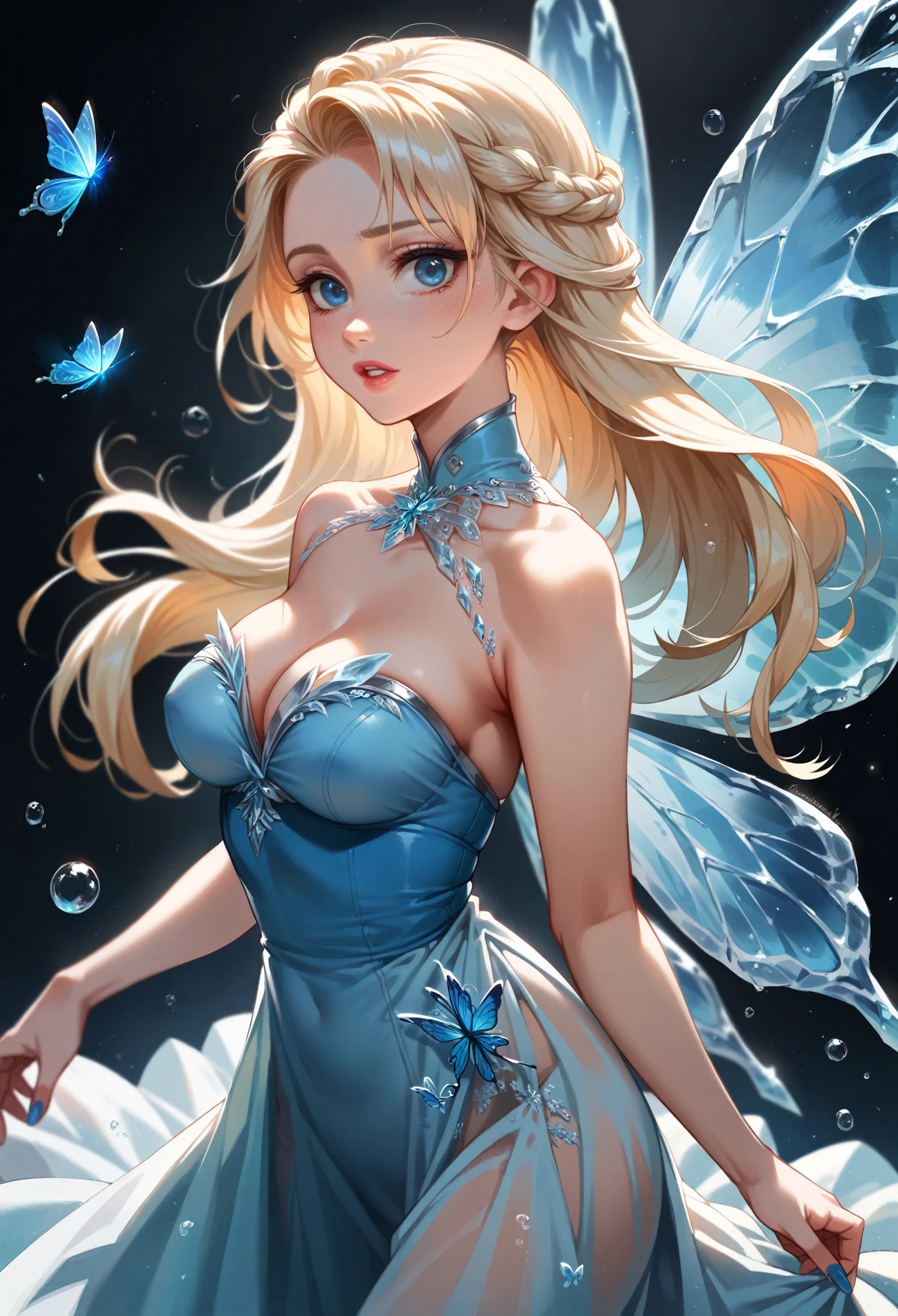 Frost Goddess,Frozen fluid,Ice World,ice,1girl,Translucent clothing,air bubble,blue butterfly,blue eyes,blue nails,breasts,Positive, character on the right, upper body, above knee level,Dynamic pose,bubble,Blue butterfly wings,butterfly wings,crystal,dress,glowing butterfly,long hair,looking at viewer,medium breasts,parted lips,solo,water