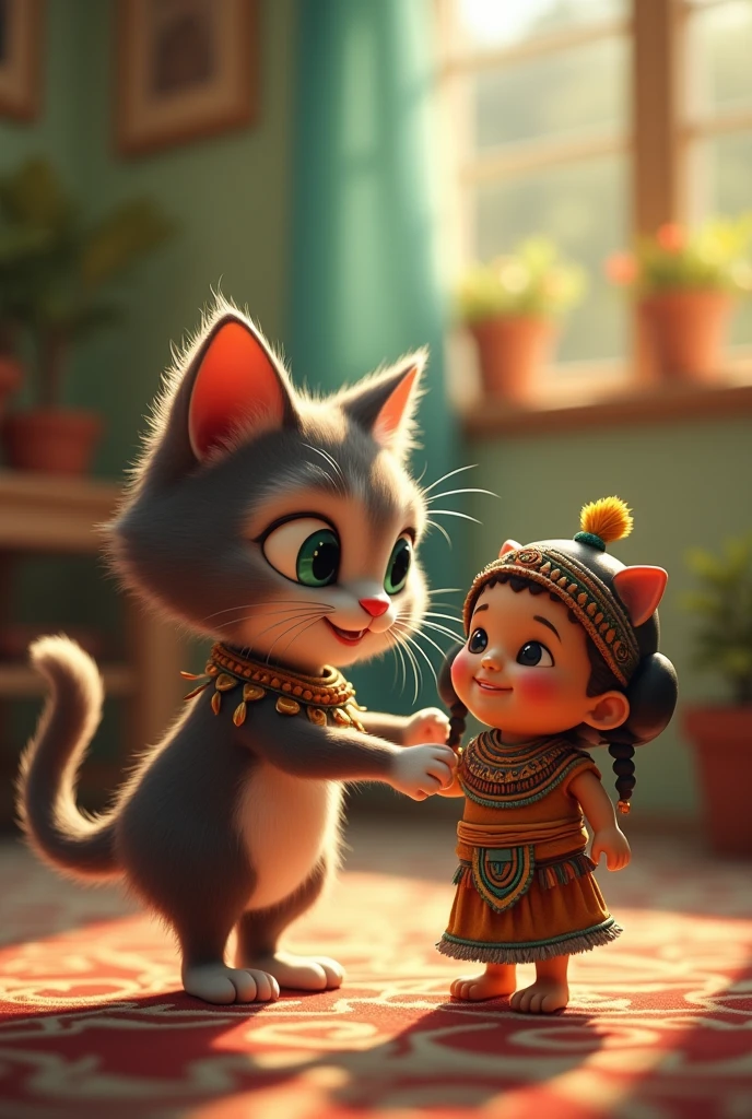 A cat and an Inca playing happily