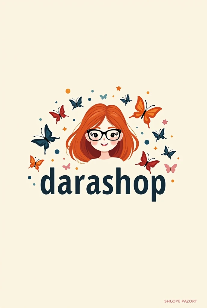 logo in 2d, with butterflies , of a white girl with copper hair, glasses and that says DaraShop.