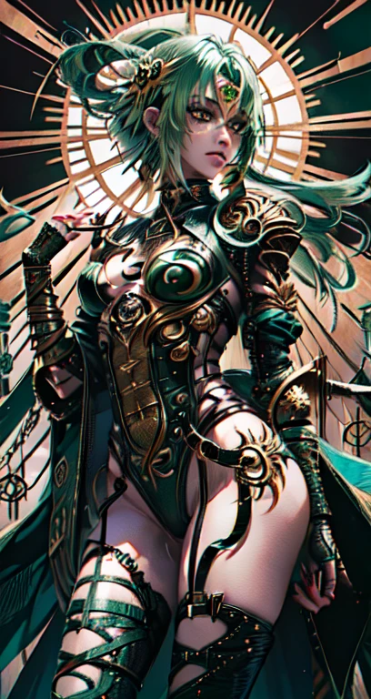 Queen Chrysalis, Queen Chrysalis "My little pony", Queen Chrysalis as a girl, Bioorganism, not human, Mechanical parts, straight hair, exuberant hair, hairlong, Black hair, Bionic body parts, Missing skin, Completely cyborg, Cybernetic organism, mechanical arms, Mechanical legs, green colored eyes, Sanctified Green Eyes, Black Swimmer, full length, full - body, A highly detailed, Качество Ultra 8K, Broken parts, Holes in mechanisms, not a living organism, Runes and Green Magic, Lots of green, Green backlight, Magic Earrings, lots of magic, A gloomy world, In a gloomy castle, Green Laser Weapons