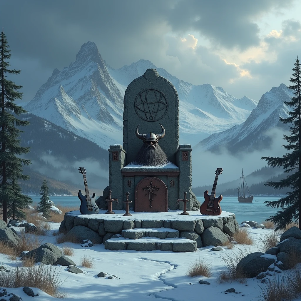 A desolate and snowy Nordic landscape, with rugged mountains and ice-covered pine forests. In the middle, a stone altar covered in ancient runes and pagan symbols, surrounded by musical instruments such as electric guitars and drums. A Viking helmet rests on a stone throne, surrounded by rusty weapons and armor. A drakkar (Viking ship) is stranded on the coast, with her sails torn and her keel splintered. The sky is covered with dark and stormy clouds, and an aura of mystery and power hangs over the landscape. The scene evokes the feeling of strength, nature and Nordic mythology that characterizes the Viking metal genre The focus of attention and center of the image, It is the throne with the instruments and the Viking helmet has horns 