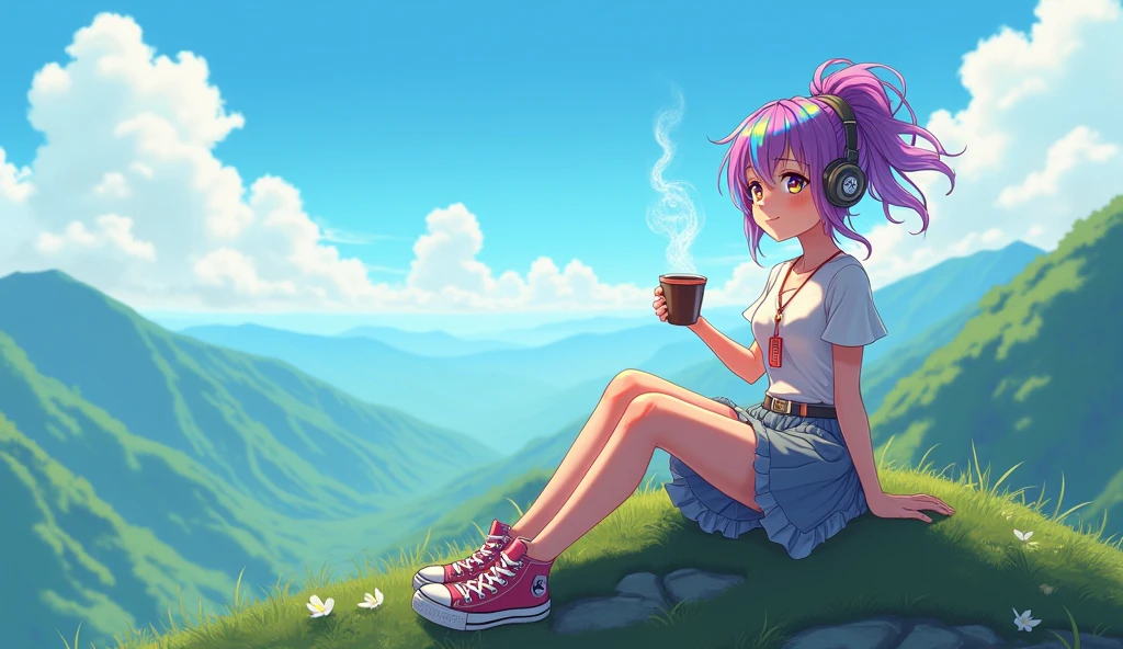 An e-girl with tied-up colorful hair and rainbow-like eyes, listening to calm music on headphones, with a sexy smile, holding a cup of coffee, wearing allstar, at the top of a mountain. An image that inspires calm, tranquility, lightness, simplicity, and comfort, 16:9, full hd