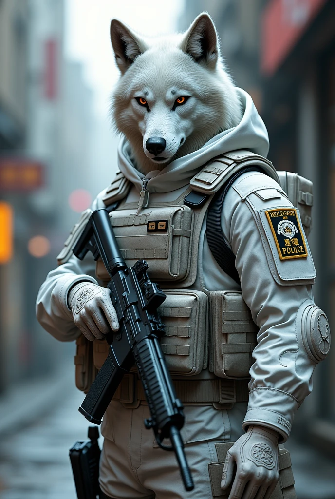 I would like a special forces tactical police officer, With Uniform , white camouflage . But with a wolf face. With an mp5 submachine gun, tactic vest. And tactical ballistic helmet 

