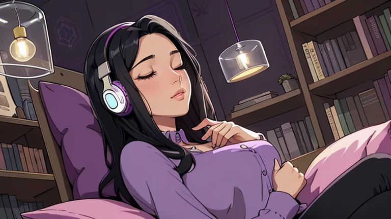 Beautiful woman in her 30s with black hair is sitting with headphones on the sofa. Looking down, eyes closed, LOFI girl, alone in the room, blouse, cozy wallpaper, big cushion, bookshelf, relaxing mood, night core, cozy, wide glass window with skyscrapers, outside view at night, only five fingers, purple wall,