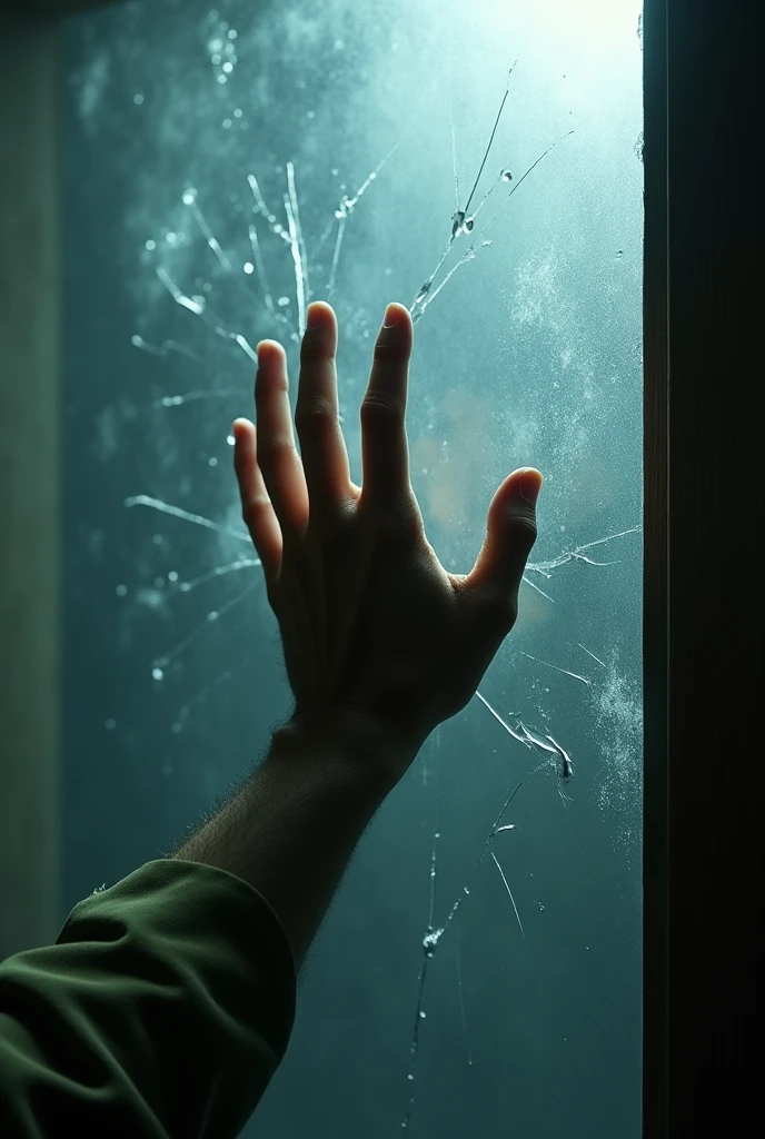 A male hand is pressed hard against a fogged glass, fingers outstretched and tense as if trying to break it in a desperate attempt to escape. The spectator observes from outside, facing this distressing scene where the pale and trembling palm leaves marks on the glass, almost on the verge of giving in. Each line of the hand is highlighted, with prominent veins and visible tension, as if the applied force could break through the barrier. Water droplets and small cracks begin to form around the fingers, intensifying the sense of urgency and danger. The weak light passing through the glass casts dramatic shadows, enveloping the scene in a gloomy and dark atmosphere, making fear and the imminent struggle to survive palpable.