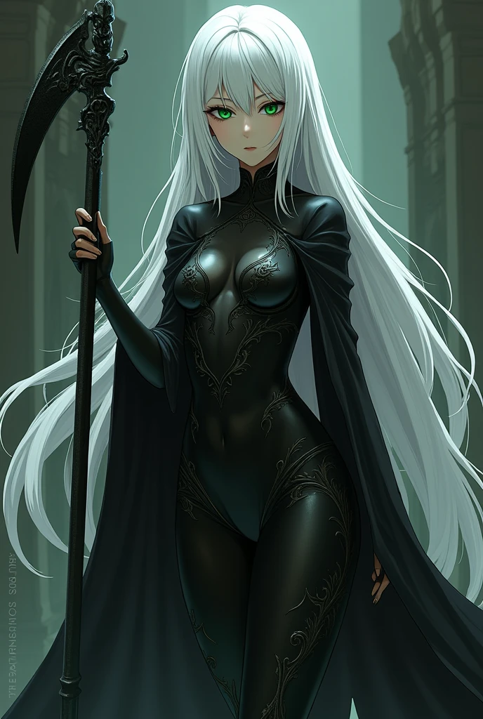 anime girl,white hair,reaper suit,long hair,green eyes,long sickle,Black skin