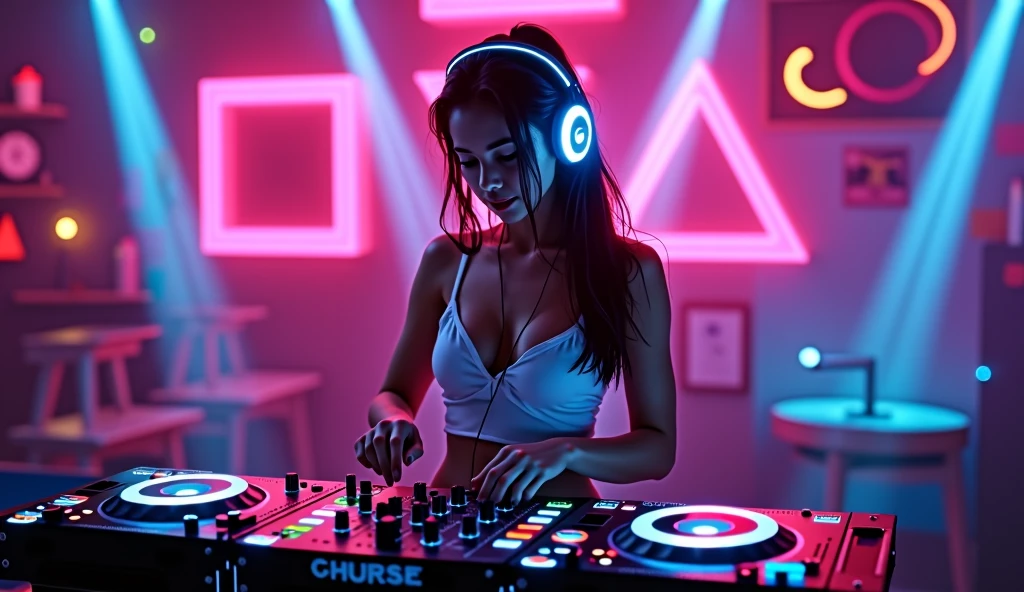 a female DJ with headphones glowing in neon, the mixer glowing in neon, low-light environment