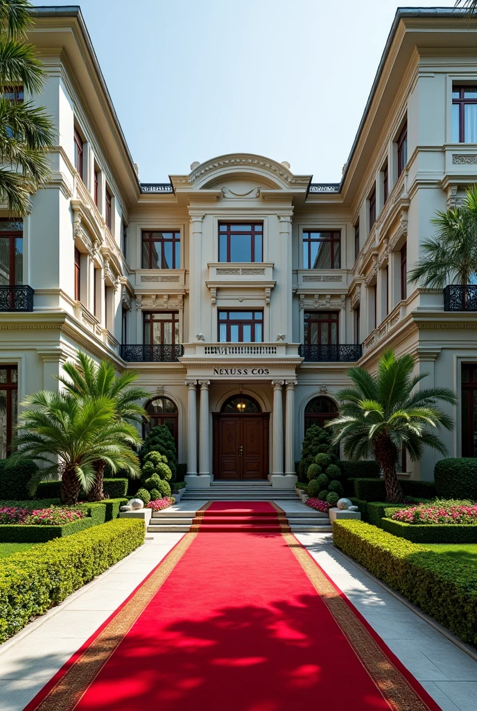 A luxurious, presidential standard company headquarters with the name NEXUS(CoS) on it and red carpet on entrance with Singaporean architecture,grass, flowers and on it's own space and compound where is the name NEXUS (CoS) can't see the words 