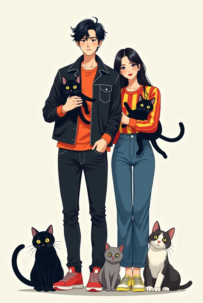 A tall adult man with black hair in the kpop idol style, korean traits, White skin y vestido con jeans negros y un jersey negro junto a una mujer adulta con korean traits de cabello largo y negro al estilo de una idol de kpop, White skin, dressed in blue trousers and a blue and orange striped jersey. Both hugging two black kittens plus a gray cat and a white cat with black spots in manhwa style 