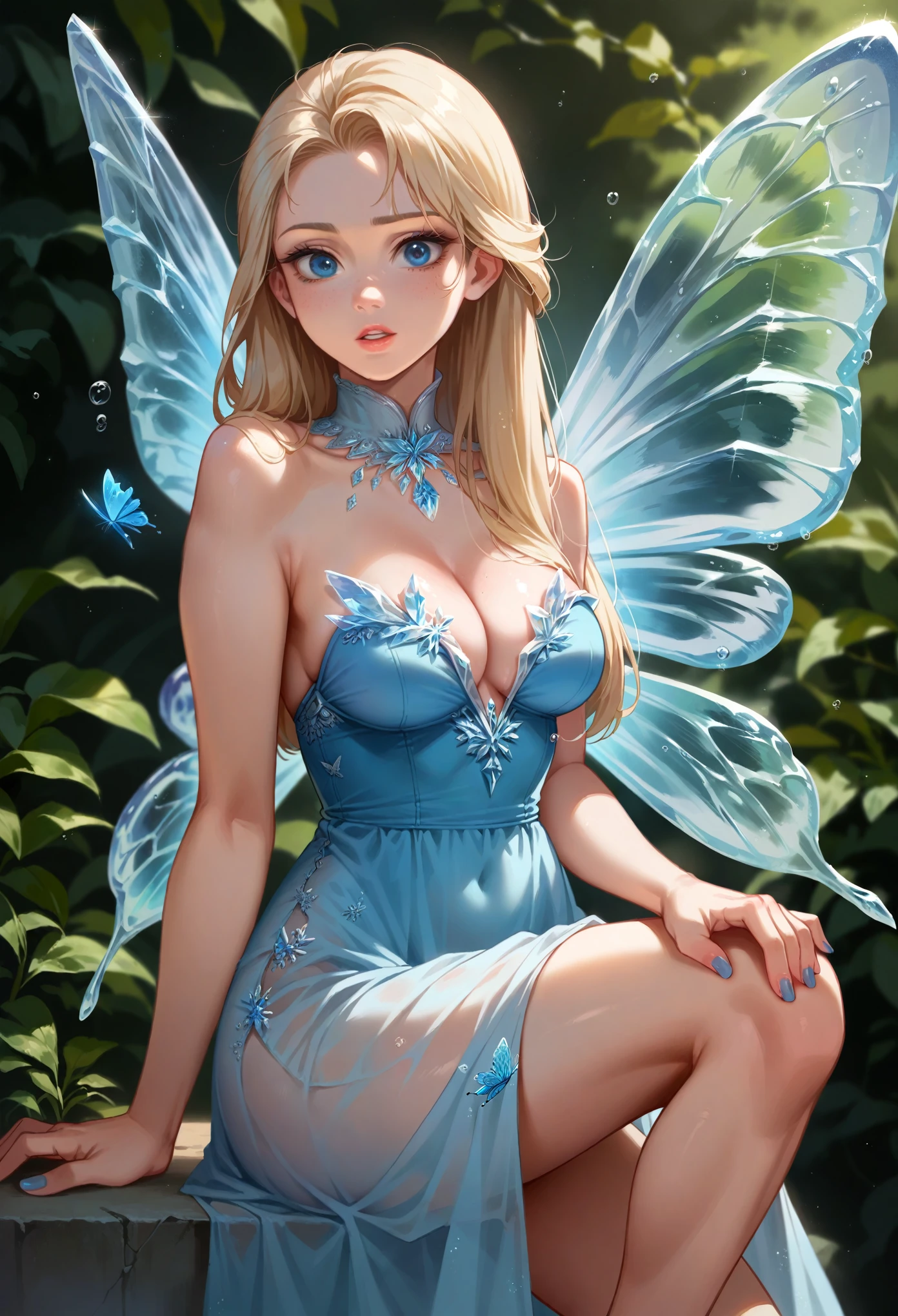 Frost Goddess,Frozen fluid,Ice World,ice,1girl,Translucent clothing,air bubble,blue butterfly,blue eyes,blue nails,breasts,Positive, character on the right, upper body, above knee level,Dynamic pose,bubble,Blue butterfly wings,butterfly wings,crystal,dress,glowing butterfly,long hair,looking at viewer,medium breasts,parted lips,solo,water