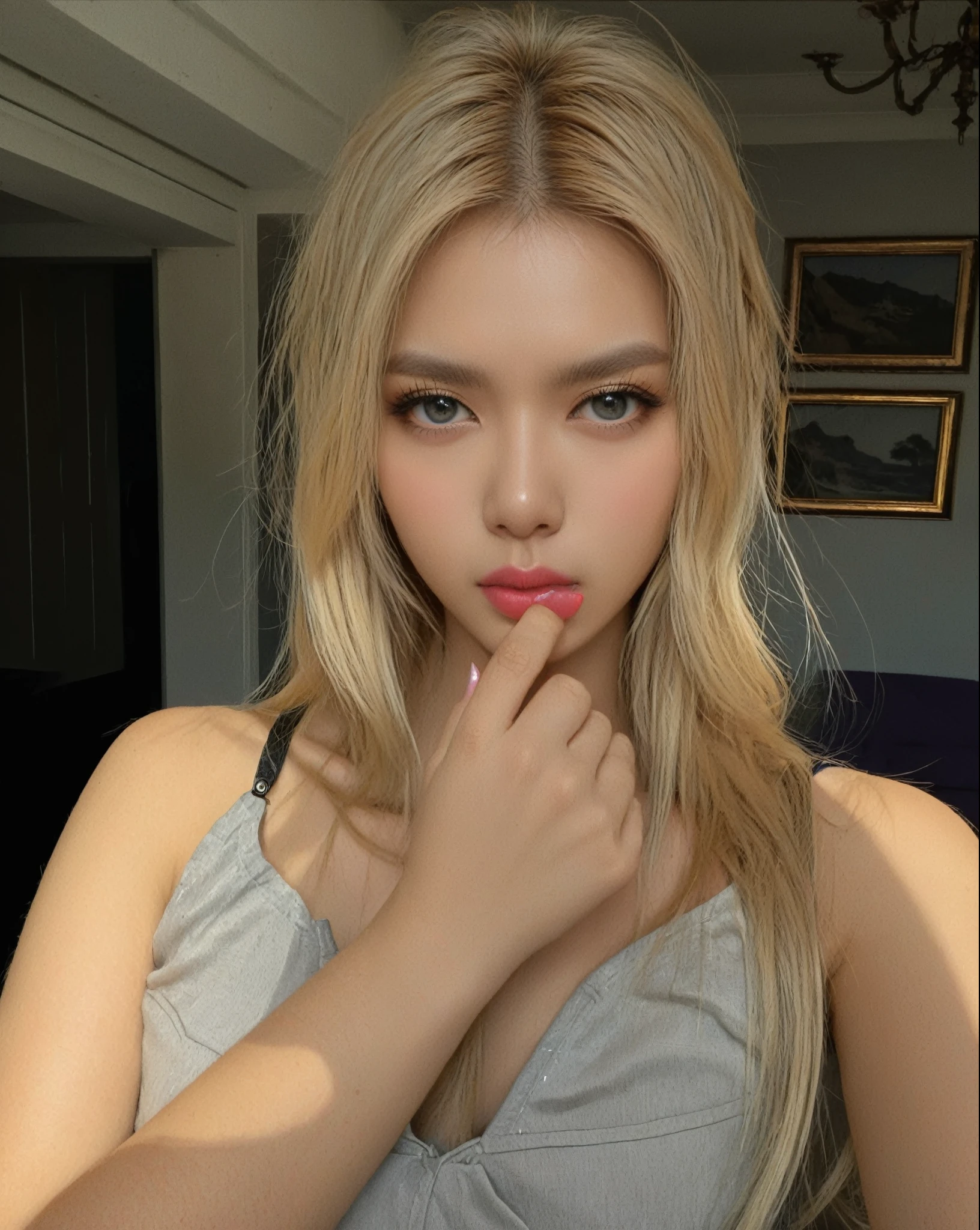 Sexy Big 、Sexy cute looks and cute, beautiful girl, beautiful and sexy face、A strong wind blows my hair in front of my face、length, Metallic blonde straight hair、beautiful, Cute and sexy eyes hidden behind long bangs。