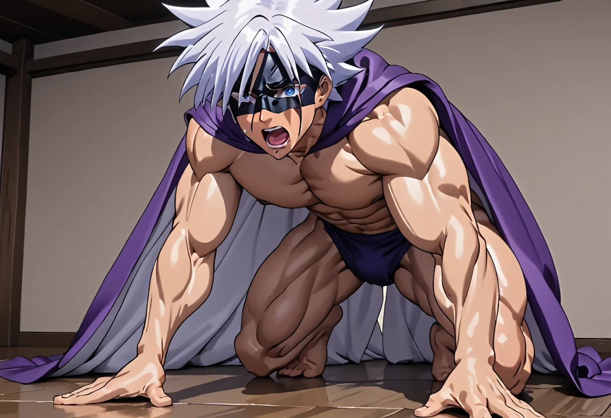 Highest quality,Masterpiece,Pro Art,8k,Based on anatomy,silk hat,Light purple hair,Eye mask,Purple Cape,Japan animated style,kait8uj8ker, white hair, spiked hair, Blue eyes,Full body image,(((Huge muscles,Huge erect penis,Anal Sex))),cramped suit,Crying face,Suffering face,Lots of drool, sweat and cum,,Shaking violently, boy*******,Complexity in facial depiction,Crawling on all fours and sucking a penis,Purple Capeとsilk hat,Orgy,