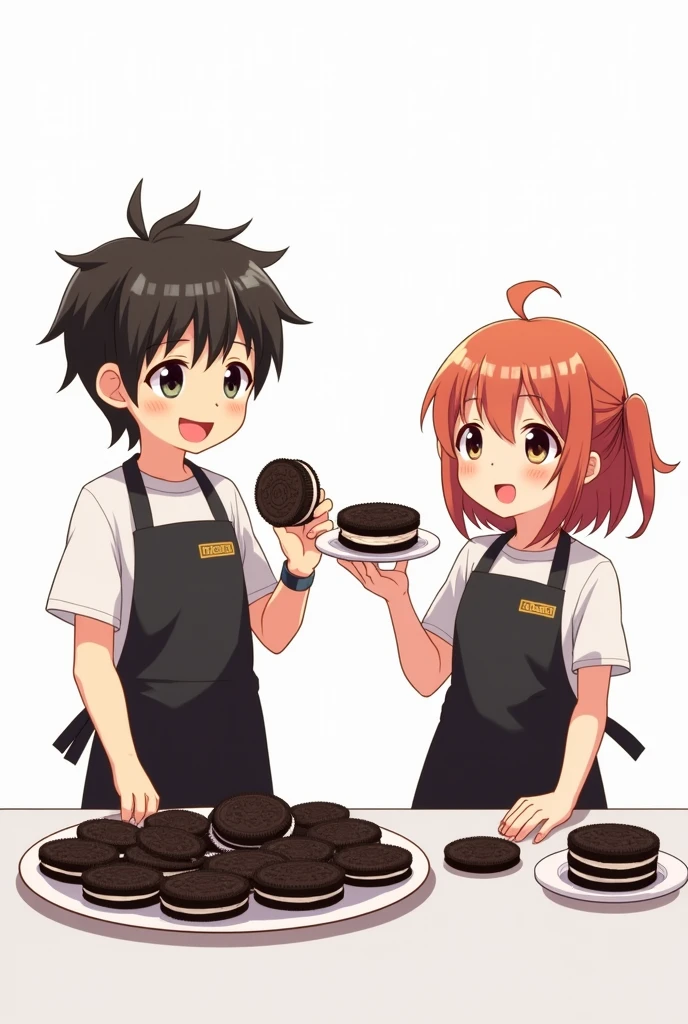Boy in black apron holding a plate with oreo cream , Girl in black apron holding plate with oreo sandwich anime white background 