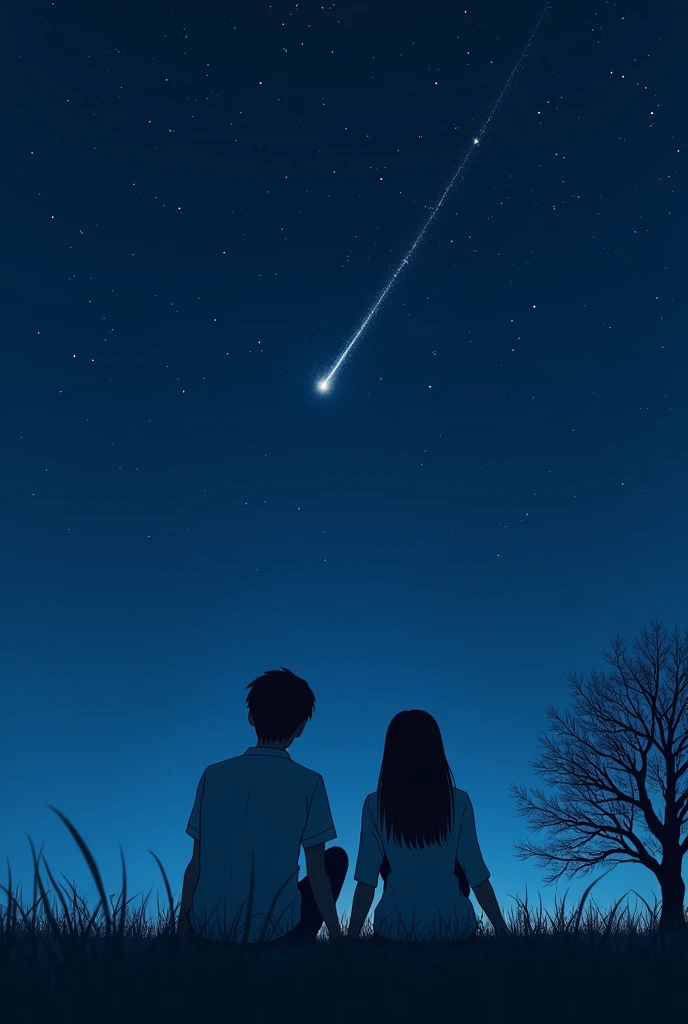 two person men and women sit on the grass while watching the beauty of the darkness of the sky that has a lot of stars  on it. the place has a leafless tree behind them and then suddenly a shooting star appears from east to west direction