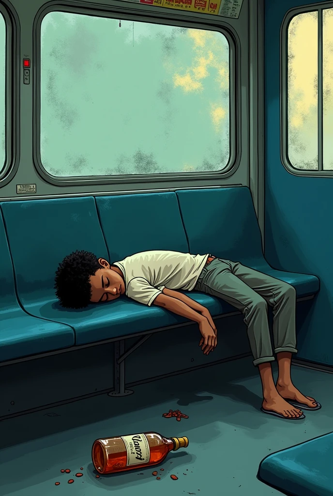 Album art of a age guy drunk in love, sleeping in a subway bus, with one hand falling out, and a bottle rolled on the floor, skin dark color, in cartoon form