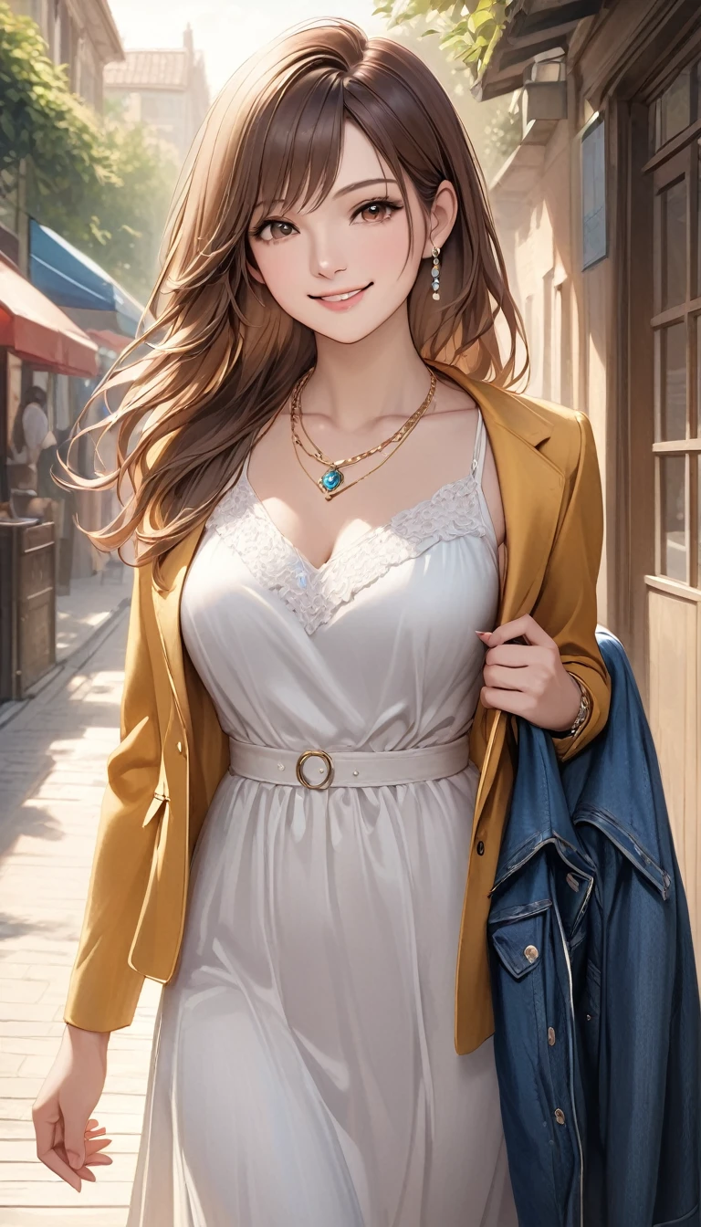 a woman in a dress is posing while she is holding a jacket, 1girl, realistic, brown hair, solo, jewelry, necklace, smile, long hair