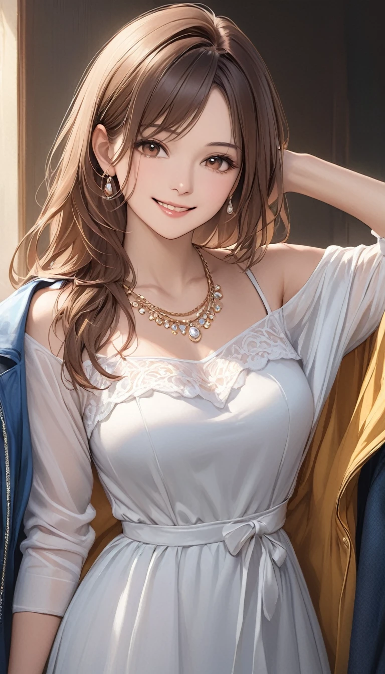 a woman in a dress is posing while she is holding a jacket, 1girl, realistic, brown hair, solo, jewelry, necklace, smile, long hair